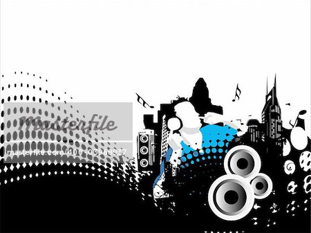 Grunge vector illustration of disc jockey on city background in white