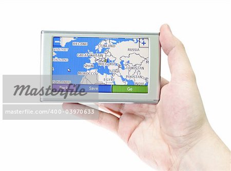 GPS VEHICLE NAVIGATION SYSTEM IN A MAN HAND ISOLATED ON WHITE