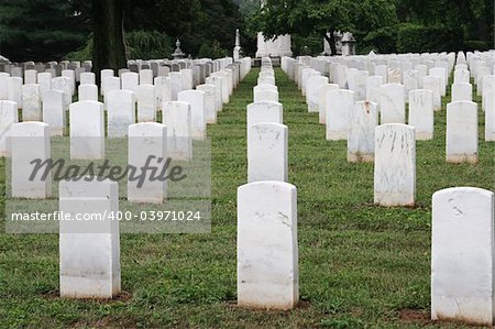 rows of tombstones in a military graveyard