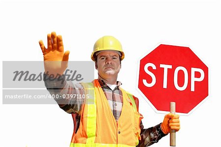 A construction worker stopping traffic, holding a stop sign.  Isolated on white.