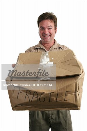 A delivery man holding a smashed package and trying to smile like there's nothing wrong. (focus on his face)