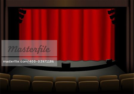 illustration of an empty theatre stage with closed curtain