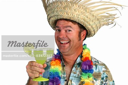 A happy drunk tourist drinking a margarita.