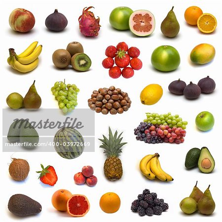 large page of fruits and nuts on white background