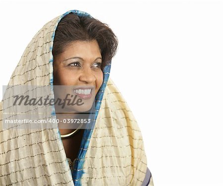 A beautiful Indian woman in traditional clothing, looking toward the future.  Isolated on white with room for text.