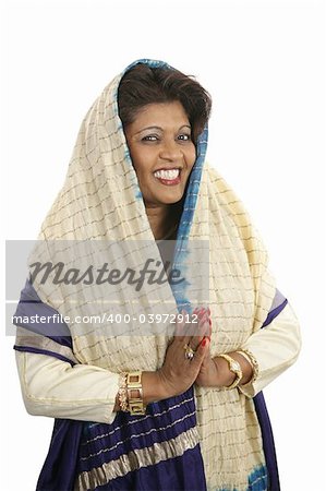 A modern, confident Indian woman in traditional clothing.  Isolated on white.