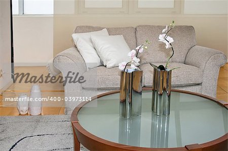 Romantic living room with sofa and glass table