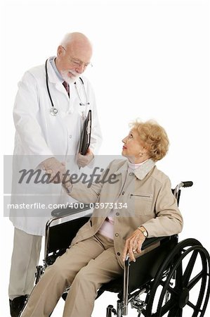 Mature doctor congratulates his disabled patient on a successful treatment.  Isolated on white.