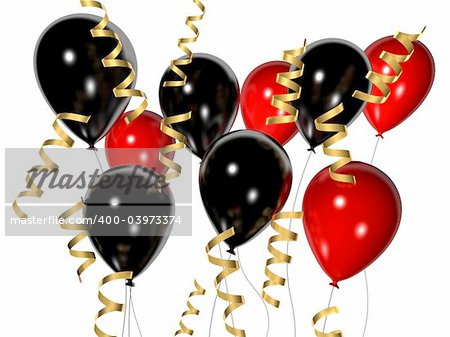 3d rendered illustration of red and black balloons and ribbons