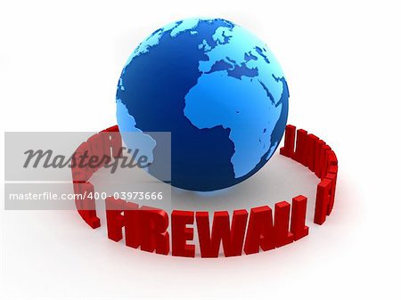 3d rendered illustration of a globe and the red word firewall