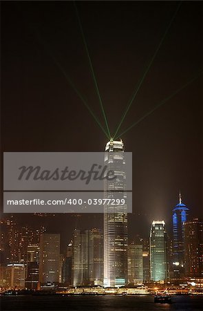 Night scene of skycraper create laser beams in Hong Kong