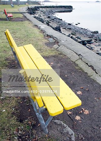 Colorful benches overlooking a river on a windless day