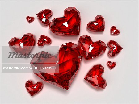 3d rendered illustration of different red heart brilliants