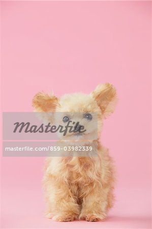 Jouet caniche chien assis sur fond rose