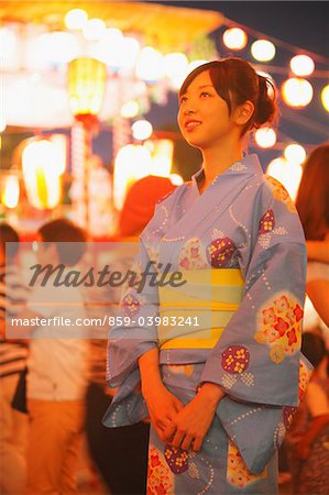 Woman Wearing Yukata Enjoying Matsuri Festival