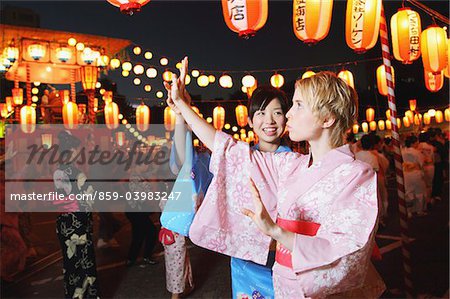 Women Wearing Yukata Performing Bon Dance In Festival, Matsuri