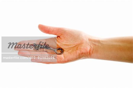 A concept image of a womans hand holding a key on an open palm. Isolated on white with clipping mask.