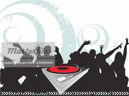 vector illustration of speakers, microphone, guitar, turntable, cassette on abstract musical background