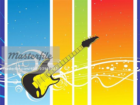 vector illustration of speakers, microphone, guitar, turntable, cassette on abstract musical backgrround