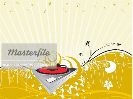 vector illustration of loudspeakers, microphone, turntable on musical background