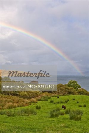Rainbow above the lake with the cloudy sky, Isle of Skye, Scotland
