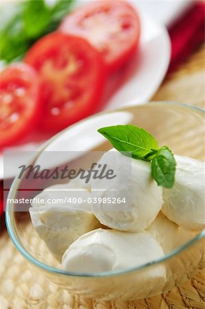 Bocconcini cheese, basil and sliced tomatoes - ingredients of traditional italian cuisine