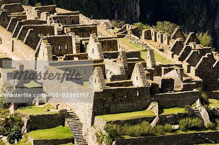 Close up view of buildings at Machu Picchu, (Peru)