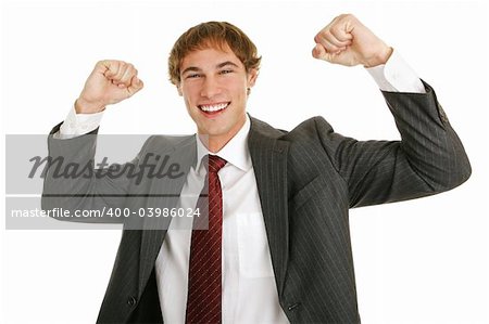 Young businessman excited over his career success.  Isolated on white.