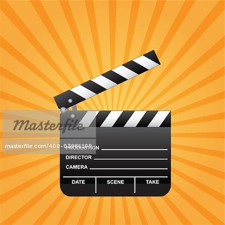 Open clapboard on orange beams background. (vector)