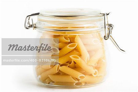 Penne Rigate pasta in a glass jar