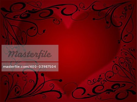 Red black illustrated valentine background with hearts and flowers