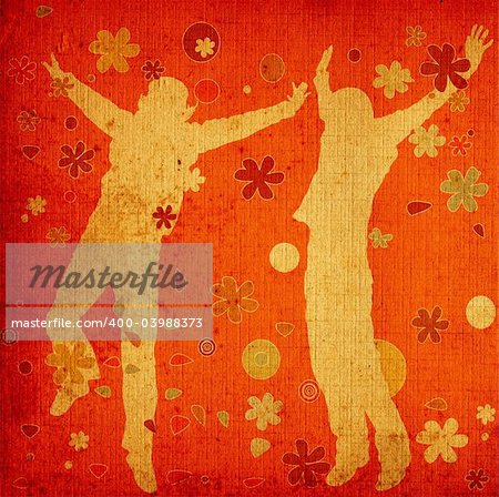jumping people on retro background with flowers