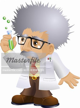 Illustration of a kooky professor or scientist holding a test-tube