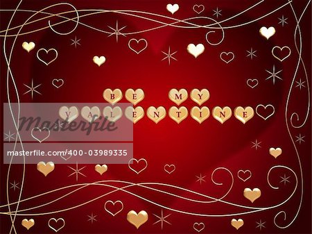 3d golden hearts, red letters, text - be my valentine, flowers, stars