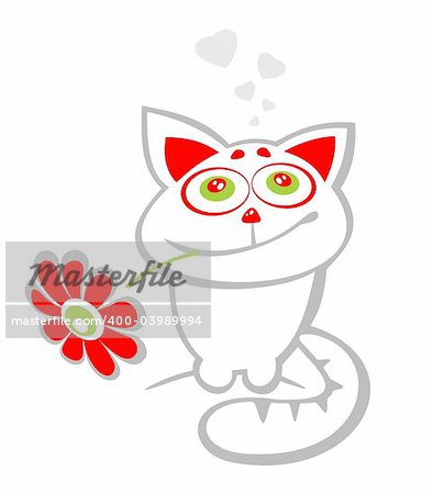 Stylized  happy cat with flower on a white background. Valentines illustration.