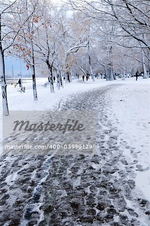 Winter park and recreational trail covered with snow. Beach area, Toronto, Canada.