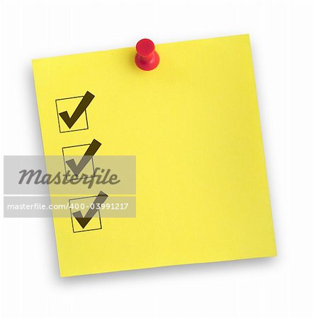yellow adhesive note with completed checklist against white, gentle shadow underneath