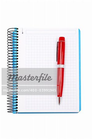 Pen and blank notebook sheet isolated on white background