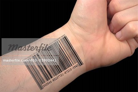 bar code printed on hand. information symbol.