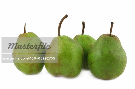 green pears on white background, small shadow in front