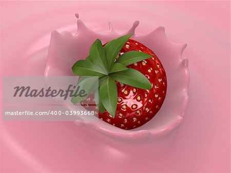 3d rendered illustration of strawberries falling into yogurt