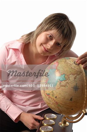 a cute with a globe, isolated on white