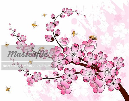 Grunge paint flower background with bee, element for design, vector illustration