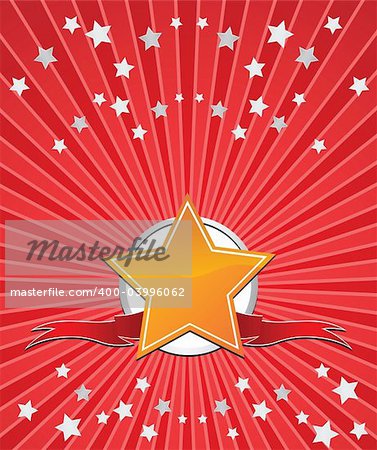 Golden star with ribbons and stars on red beams background. Vector.