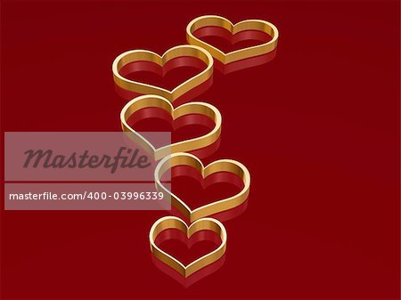 3d golden hearts over red background with reflection