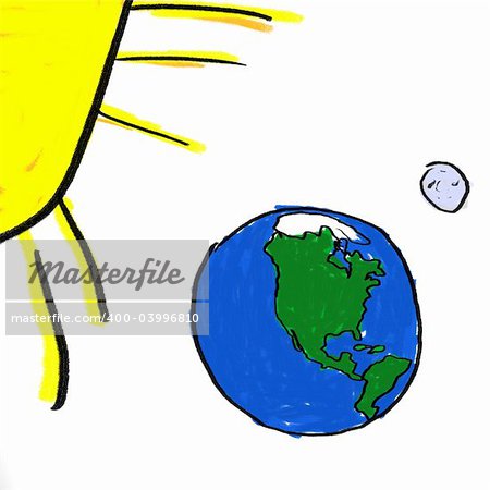 A childlike drawing of the earth moon and sun