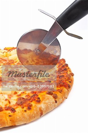 Tasty Italian pizza and cutter with soft shadow on white background. Shallow DOF