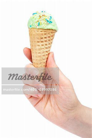 Holding delicious ice cream cone isolated on white background