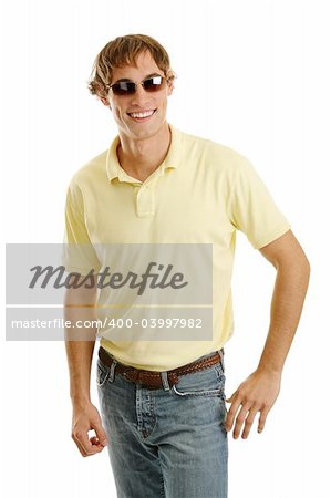 Handsome casual young man/late teen in sunglasses.  Isolated on white.