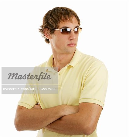 Handsome young man in sunglasses.  Isolated on white background.